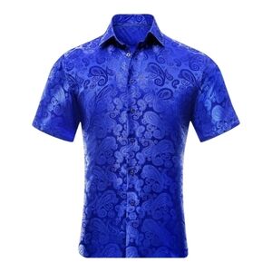 Amazon Blue Casual Button Down Shirt with Elegant Jacquard